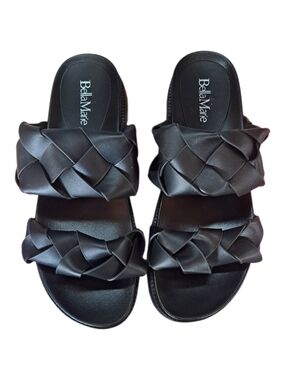 Bella Marie Black Braided Double-Strap Slide Sandals